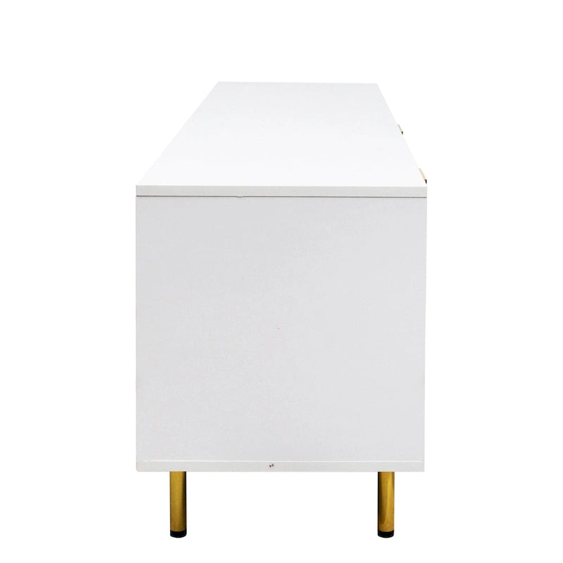 White Fluted TV Stand with Two Drawers and Gold Metal Legs