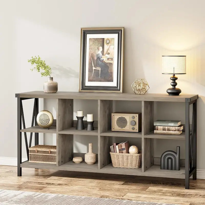 Industrial Grey Wood Console Table with 8 Cube Open Storage Shelves
