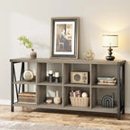 Industrial Grey Wood Console Table with 8 Cube Open Storage Shelves