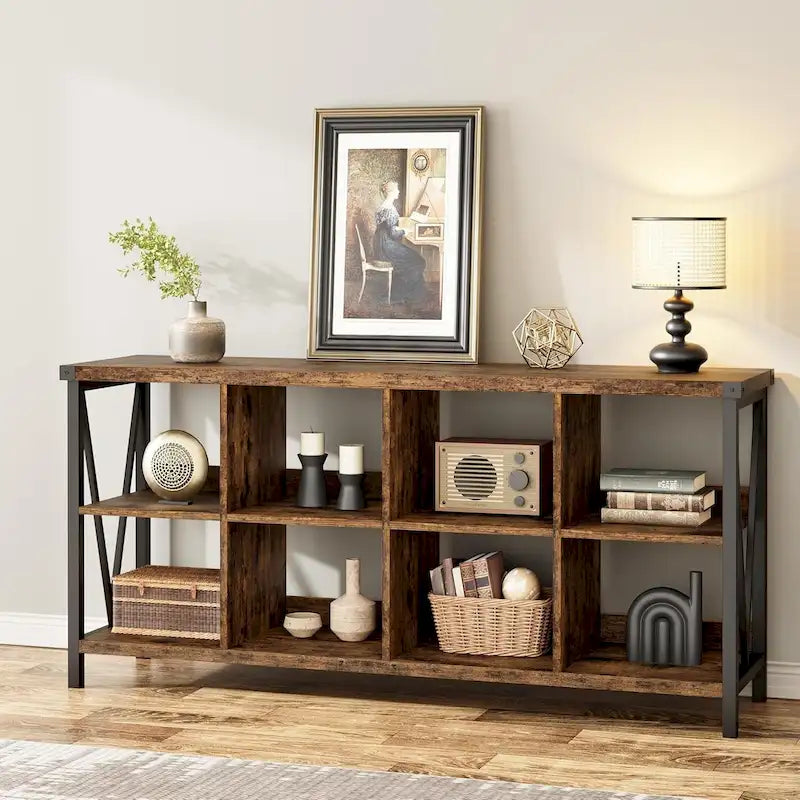 Industrial Grey Wood Console Table with 8 Cube Open Storage Shelves