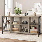Industrial Grey Wood Console Table with 8 Cube Open Storage Shelves