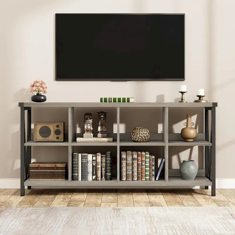 Industrial Grey Wood Console Table with 8 Cube Open Storage Shelves
