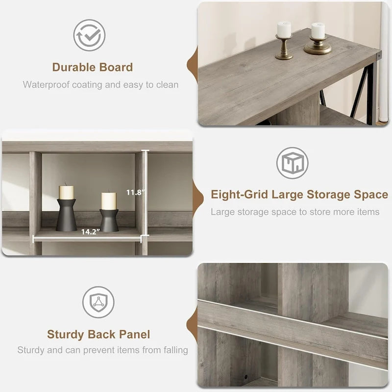 Industrial Grey Wood Console Table with 8 Cube Open Storage Shelves