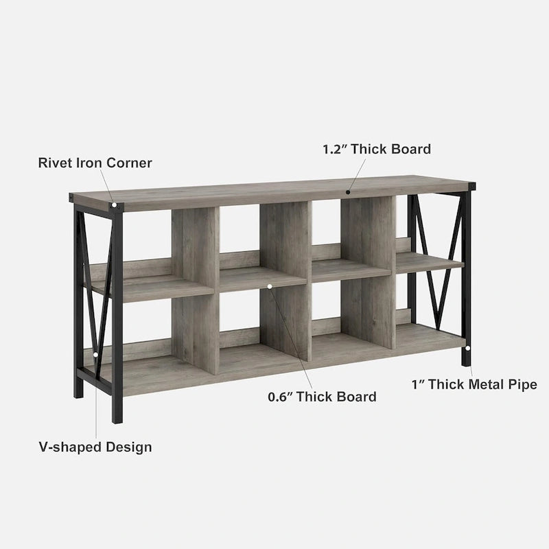 Industrial Grey Wood Console Table with 8 Cube Open Storage Shelves