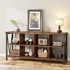 Industrial Grey Wood Console Table with 8 Cube Open Storage Shelves