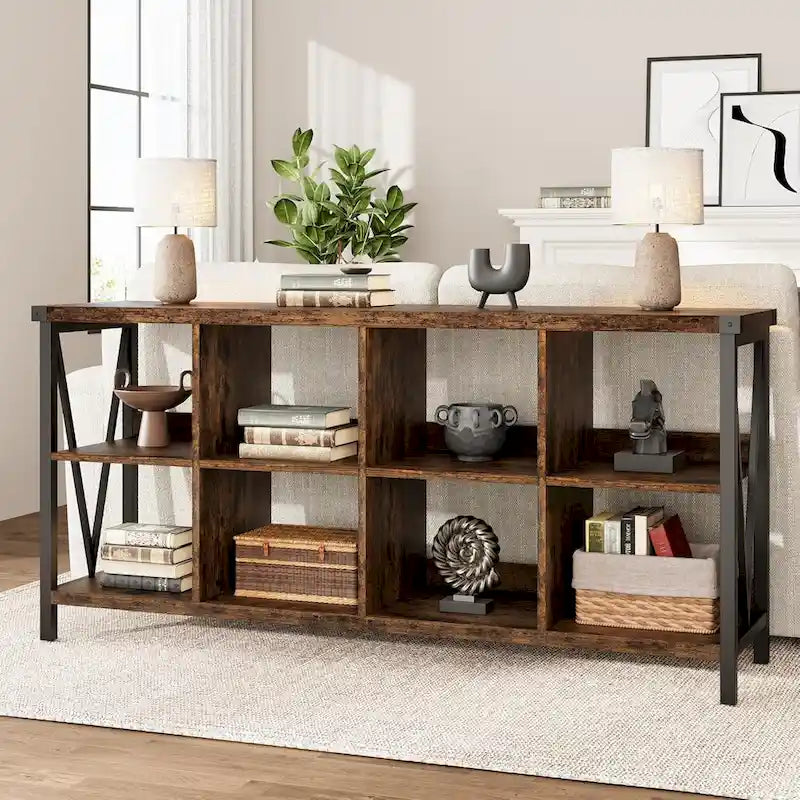 Industrial Grey Wood Console Table with 8 Cube Open Storage Shelves