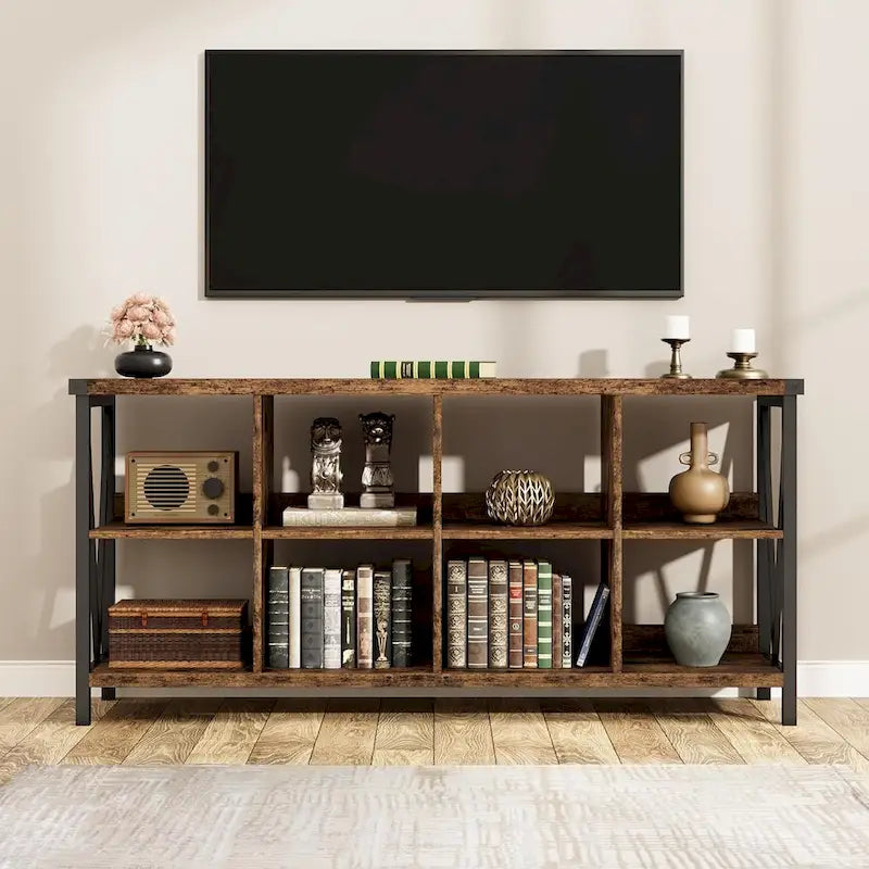 Industrial Grey Wood Console Table with 8 Cube Open Storage Shelves