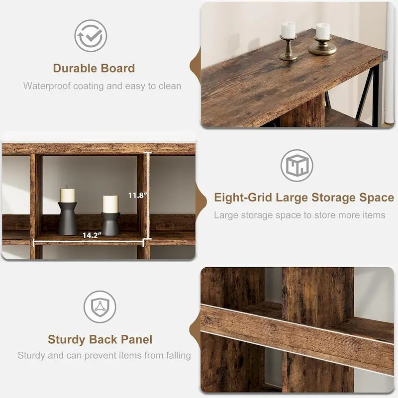Industrial Grey Wood Console Table with 8 Cube Open Storage Shelves