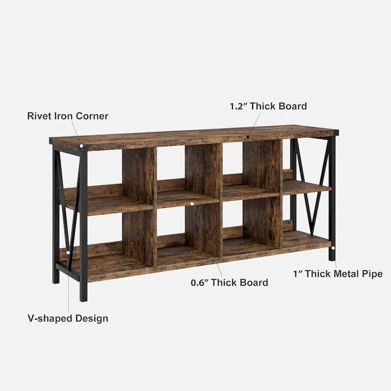Industrial Grey Wood Console Table with 8 Cube Open Storage Shelves
