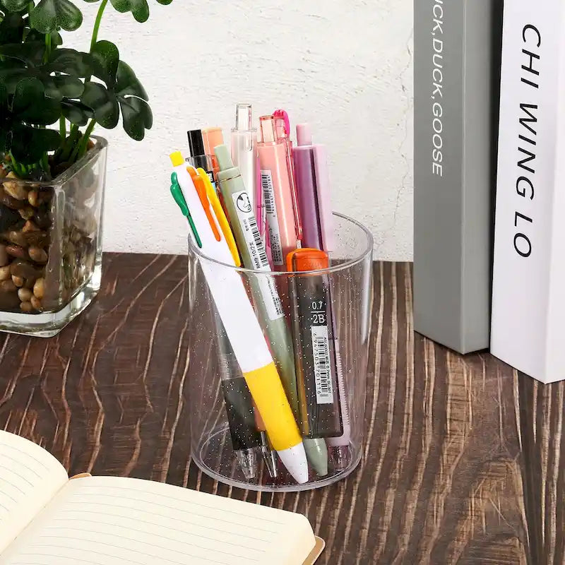 Clear Glitter Round Acrylic Desk Organizer Pen Pencil Makeup Brush Holder