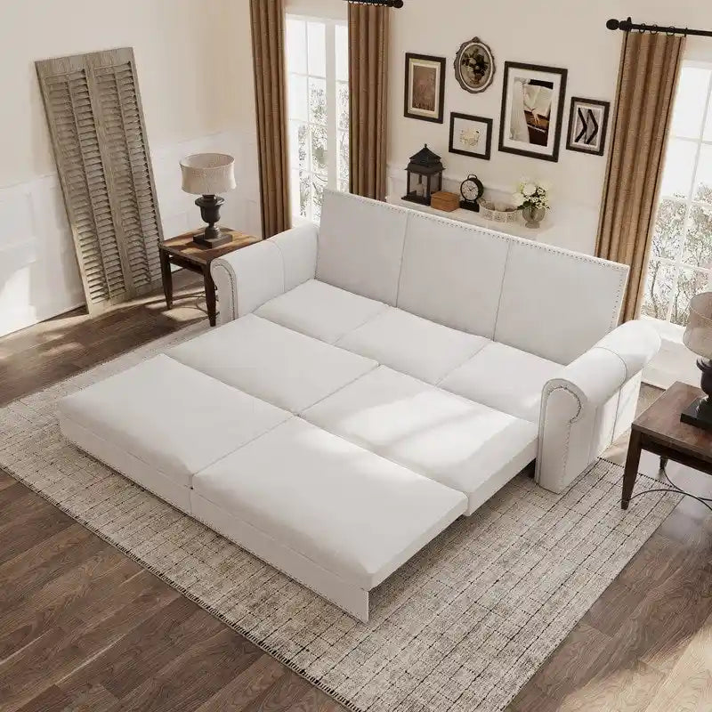 Divano Letto Estraibile Convertibile in Similpelle con Braccioli Arrotondati e Borchie