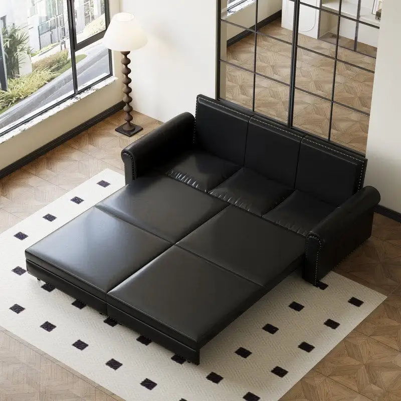 Divano Letto Estraibile Convertibile in Similpelle con Braccioli Arrotondati e Borchie