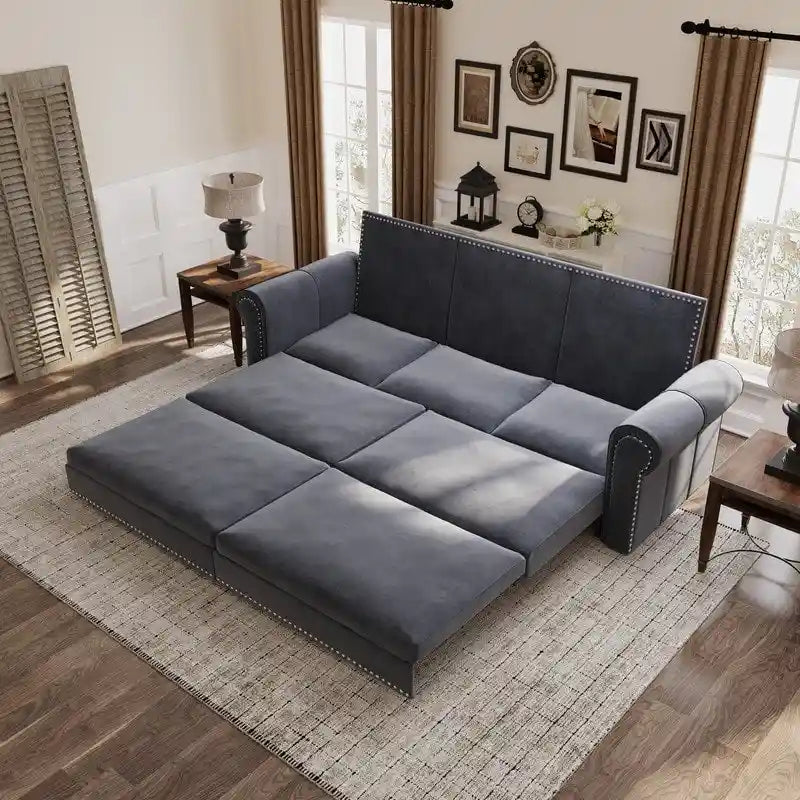 Divano Letto Estraibile Convertibile in Similpelle con Braccioli Arrotondati e Borchie