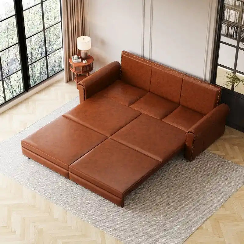 Divano Letto Estraibile Convertibile in Similpelle con Braccioli Arrotondati e Borchie