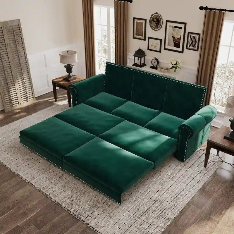 Divano Letto Estraibile Convertibile in Similpelle con Braccioli Arrotondati e Borchie
