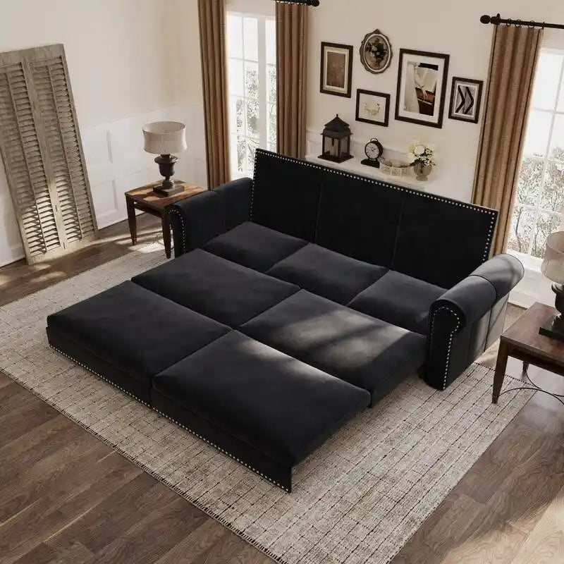 Divano Letto Estraibile Convertibile in Similpelle con Braccioli Arrotondati e Borchie