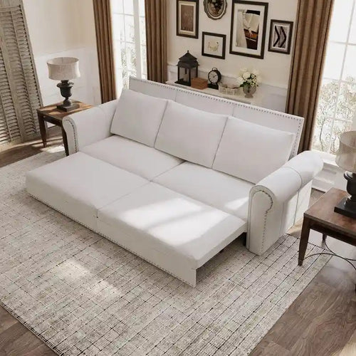 3-in-1 King Pull Out Sofa Bed Chesterfield Sofa, Velvet/Faux Leather Convertible Sleeper Sofa with Nailhead Trim & Rolled Arm