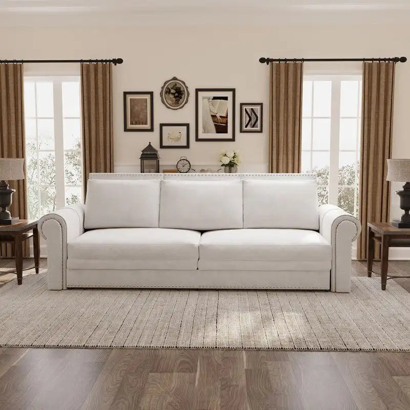 3-in-1 King Pull Out Sofa Bed Chesterfield Sofa, Velvet/Faux Leather Convertible Sleeper Sofa with Nailhead Trim & Rolled Arm
