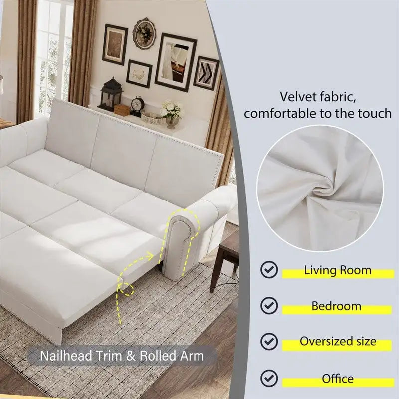 3-in-1 King Pull Out Sofa Bed Chesterfield Sofa, Velvet/Faux Leather Convertible Sleeper Sofa with Nailhead Trim & Rolled Arm