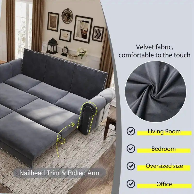 3-in-1 King Pull Out Sofa Bed Chesterfield Sofa, Velvet/Faux Leather Convertible Sleeper Sofa with Nailhead Trim & Rolled Arm