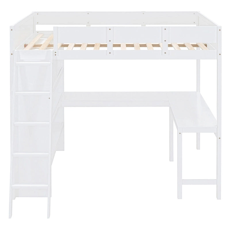 Full Size Loft Bed with Desk and Shelf - White