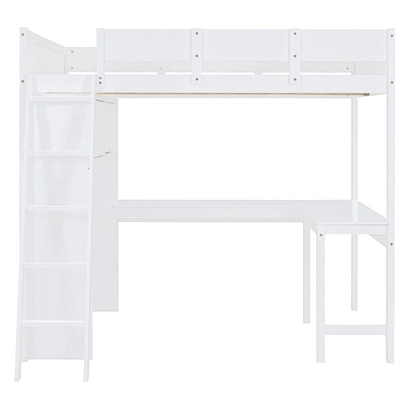 Full Size Loft Bed with Desk and Shelf - White