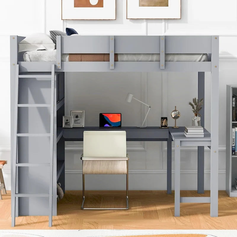 Full Size Loft Bed with Desk and Shelf - White