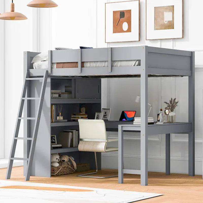 Full Size Loft Bed with Desk and Shelf - White