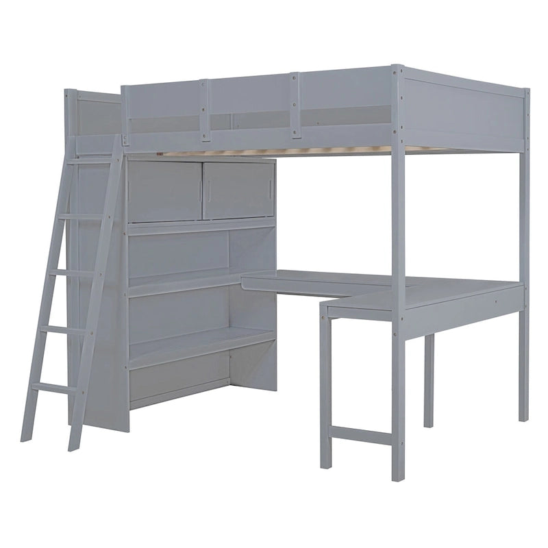 Full Size Loft Bed with Desk and Shelf - White