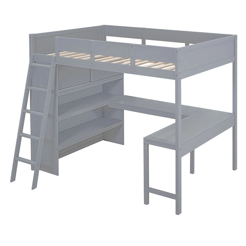 Full Size Loft Bed with Desk and Shelf - White