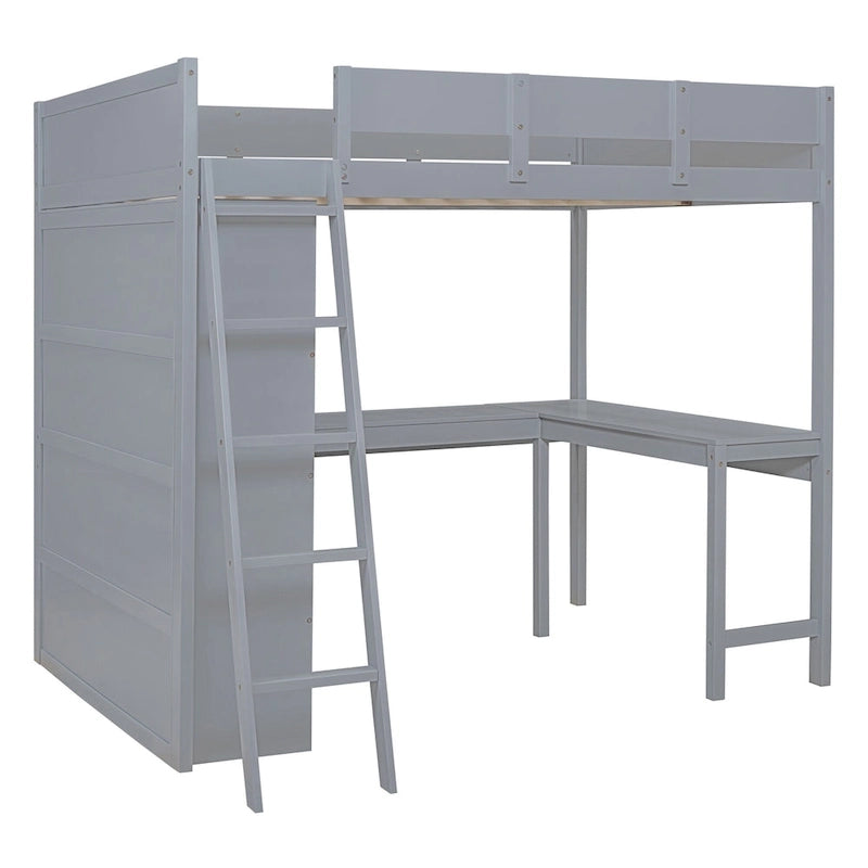 Full Size Loft Bed with Desk and Shelf - White