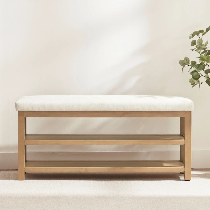 Solid Wood Storage Bench with Beige Cushion and Double Shelf