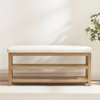 Solid Wood Storage Bench with Beige Cushion and Double Shelf