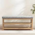 Solid Wood Storage Bench with Beige Cushion and Double Shelf