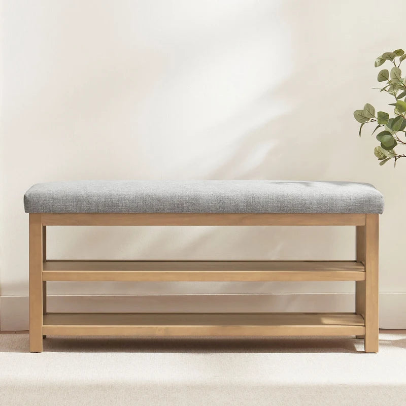 Solid Wood Storage Bench with Beige Cushion and Double Shelf