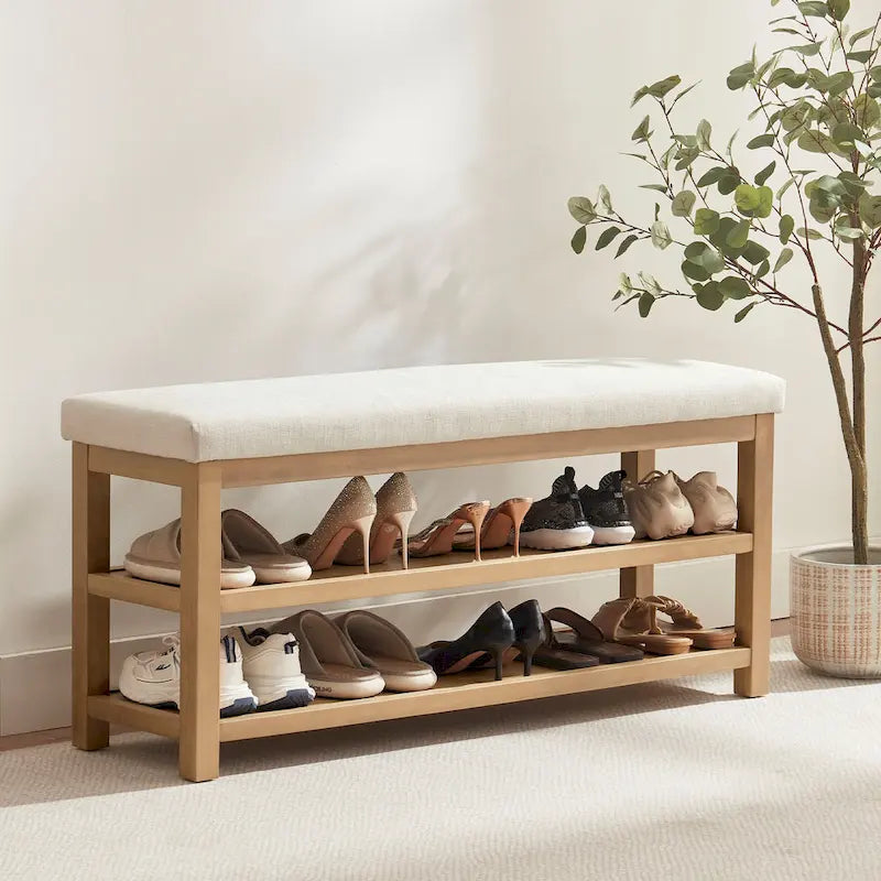 Solid Wood Storage Bench with Beige Cushion and Double Shelf