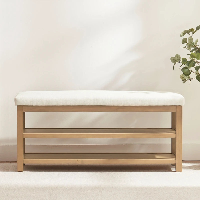 Solid Wood Storage Bench with Beige Cushion and Double Shelf