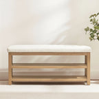 Solid Wood Storage Bench with Beige Cushion and Double Shelf
