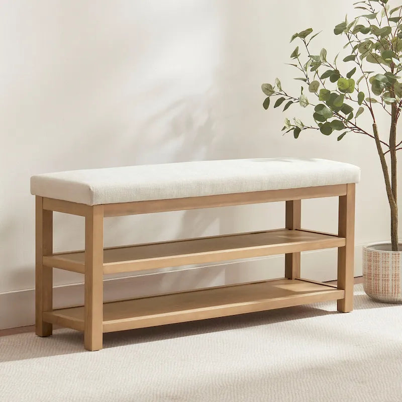 Solid Wood Storage Bench with Beige Cushion and Double Shelf
