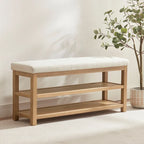 Solid Wood Storage Bench with Beige Cushion and Double Shelf