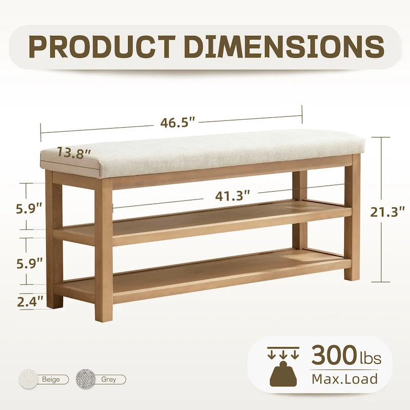 Solid Wood Storage Bench with Beige Cushion and Double Shelf