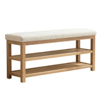 Solid Wood Storage Bench with Beige Cushion and Double Shelf