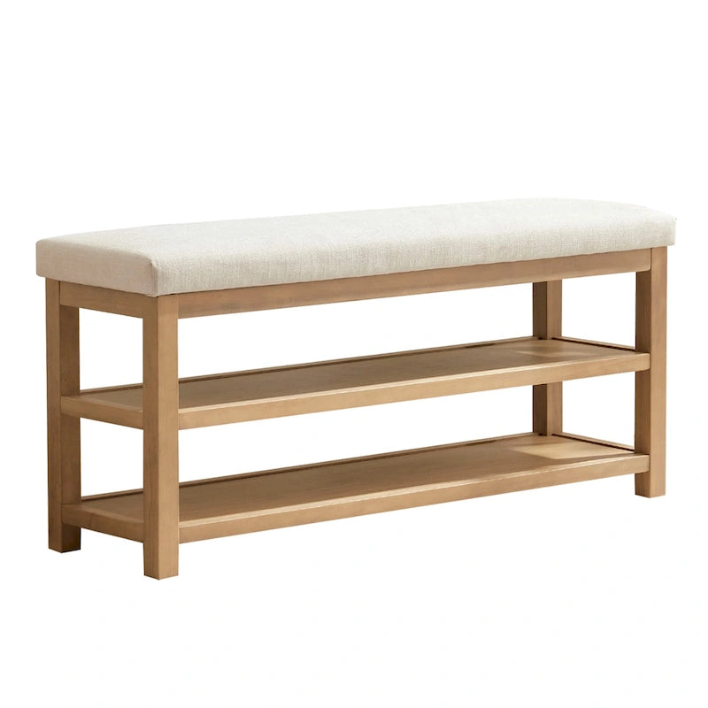Solid Wood Storage Bench with Beige Cushion and Double Shelf