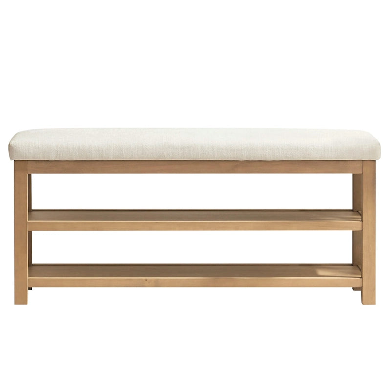 Solid Wood Storage Bench with Beige Cushion and Double Shelf