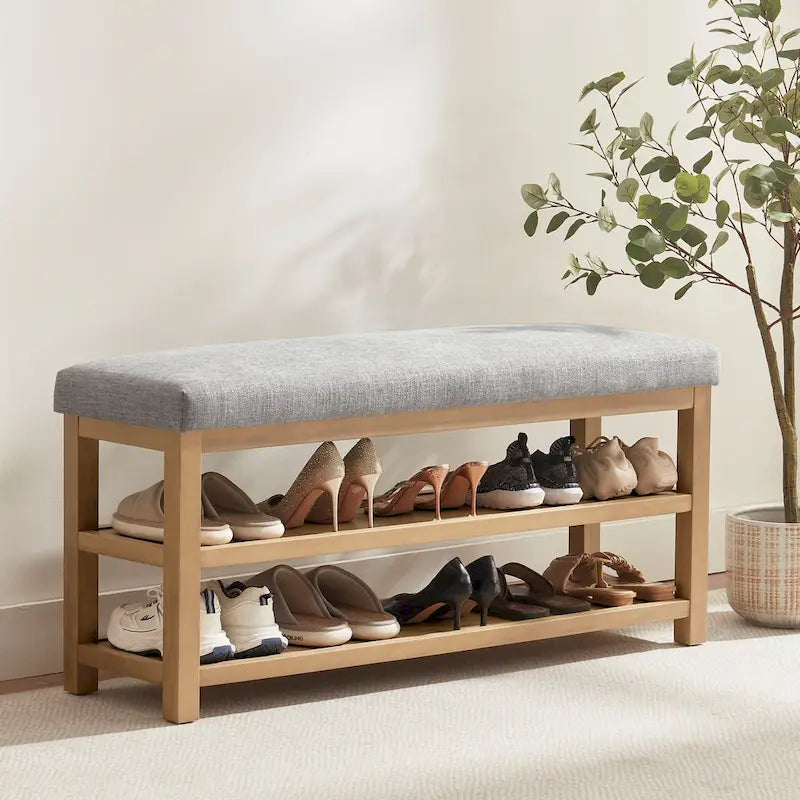 Solid Wood Storage Bench with Beige Cushion and Double Shelf