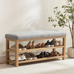 Solid Wood Storage Bench with Beige Cushion and Double Shelf
