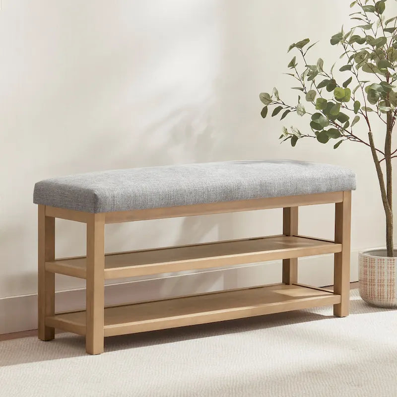 Solid Wood Storage Bench with Beige Cushion and Double Shelf