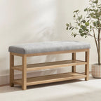Solid Wood Storage Bench with Beige Cushion and Double Shelf