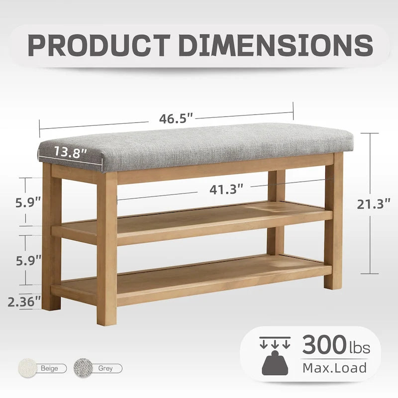Solid Wood Storage Bench with Beige Cushion and Double Shelf