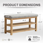 Solid Wood Storage Bench with Beige Cushion and Double Shelf
